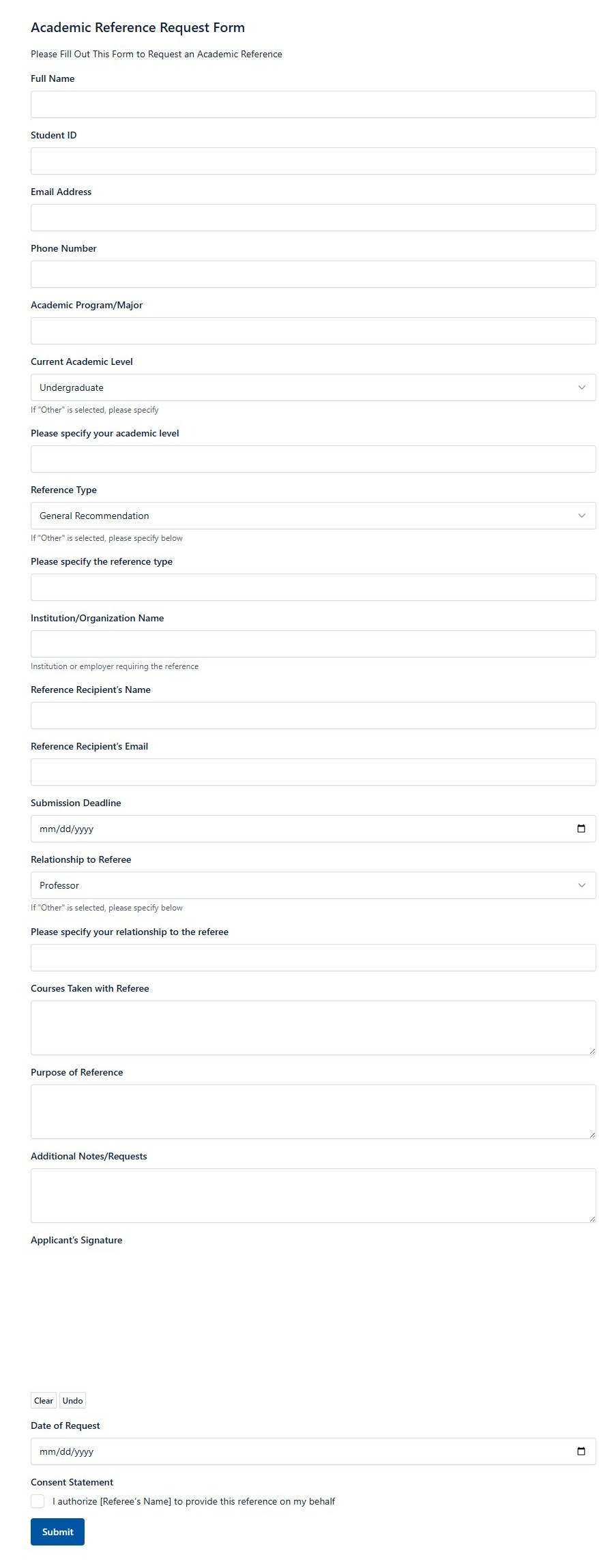 Academic Reference Request Form