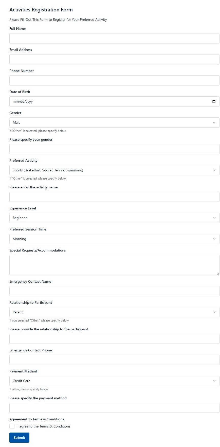 Activities Registration Form