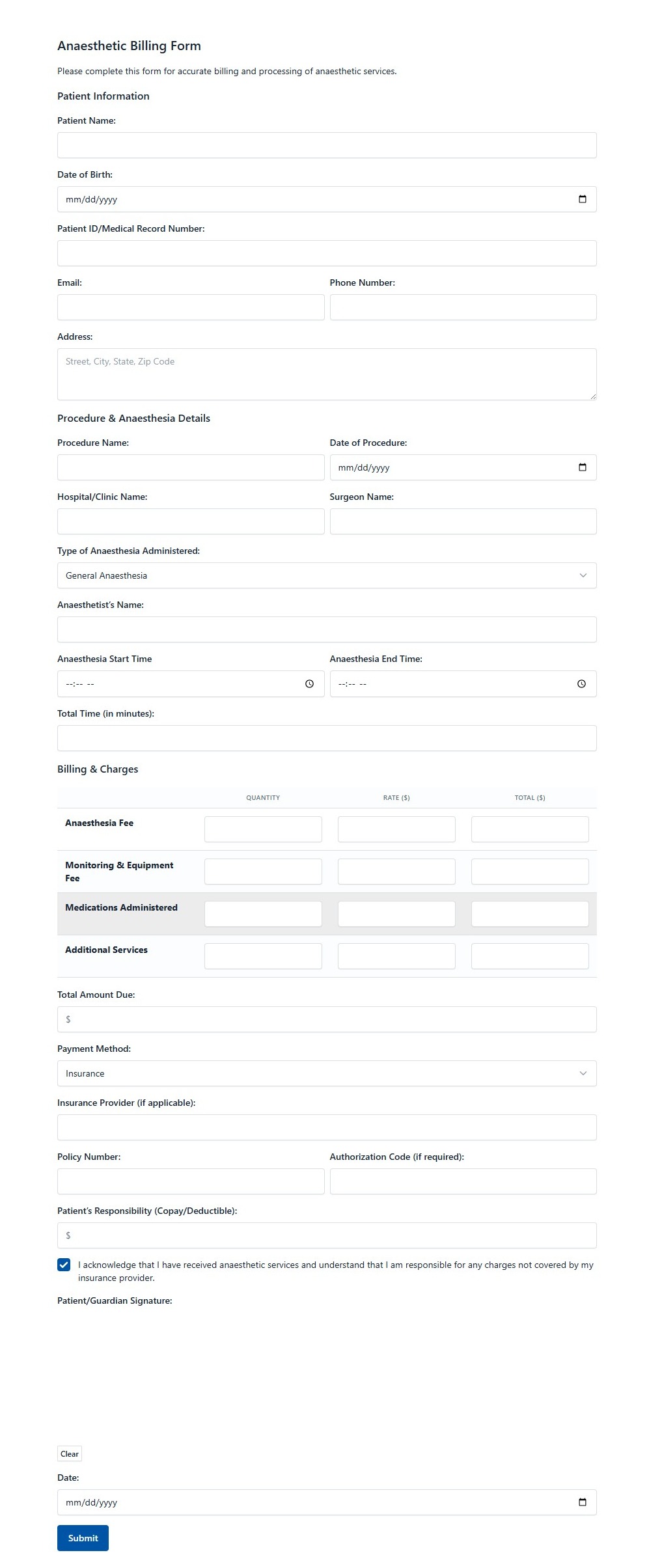 Anaesthetic Billing Form