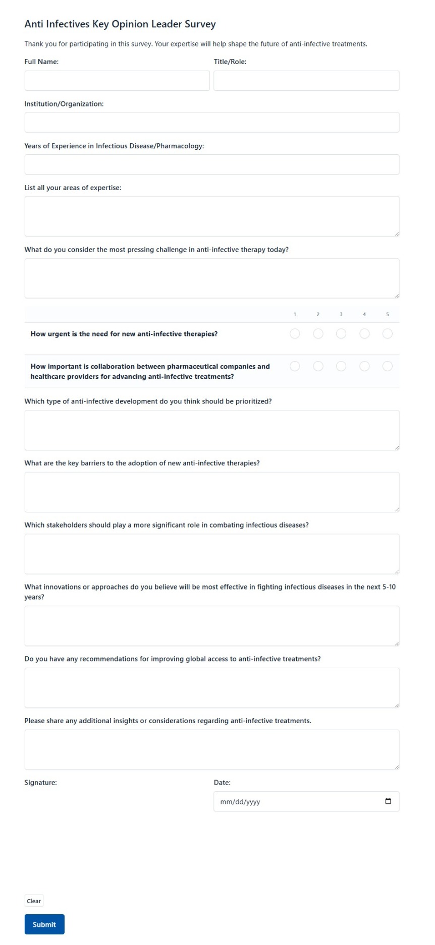 Anti Infectives Key Opinion Leader Survey