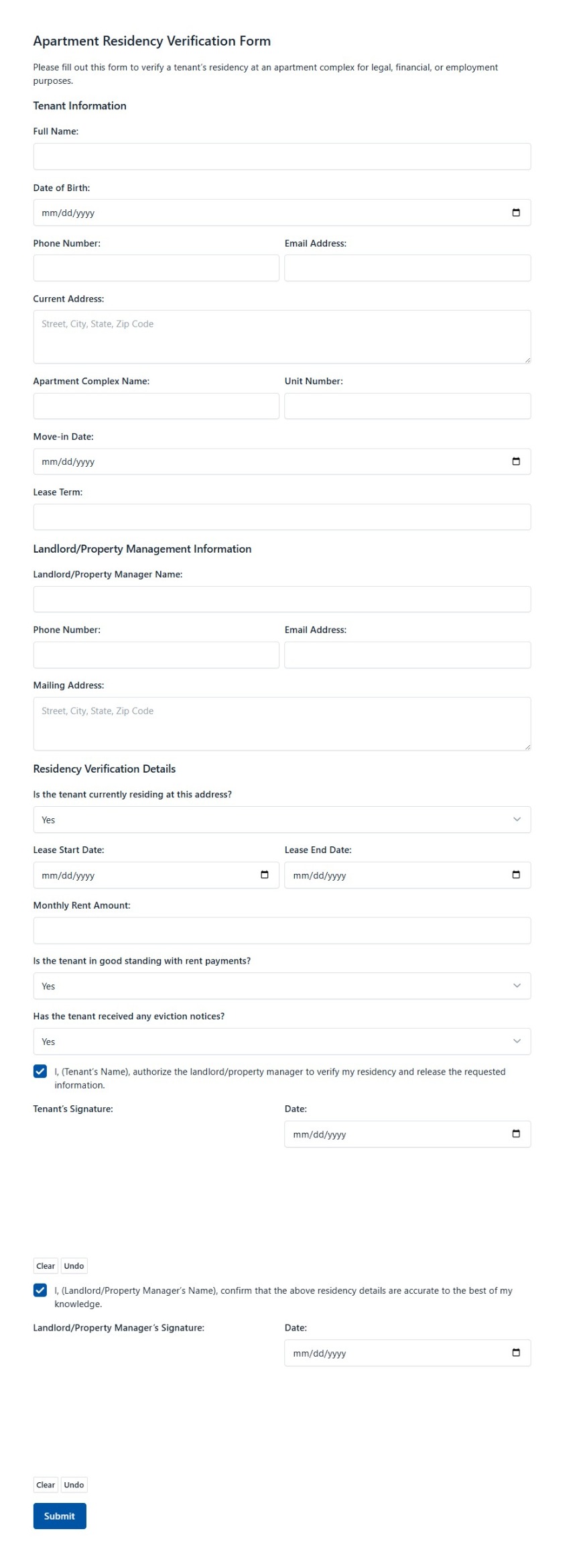 Apartment Residency Verification Form