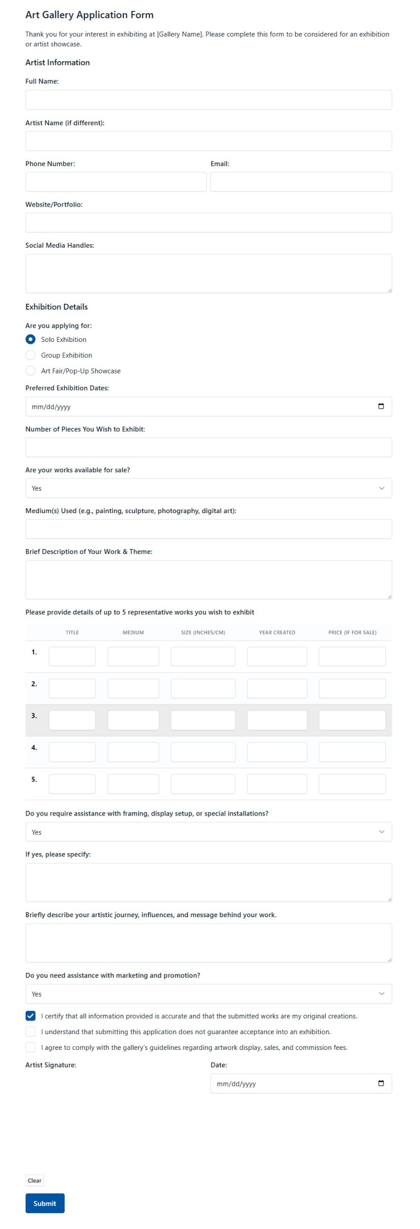 Art Gallery Application Form