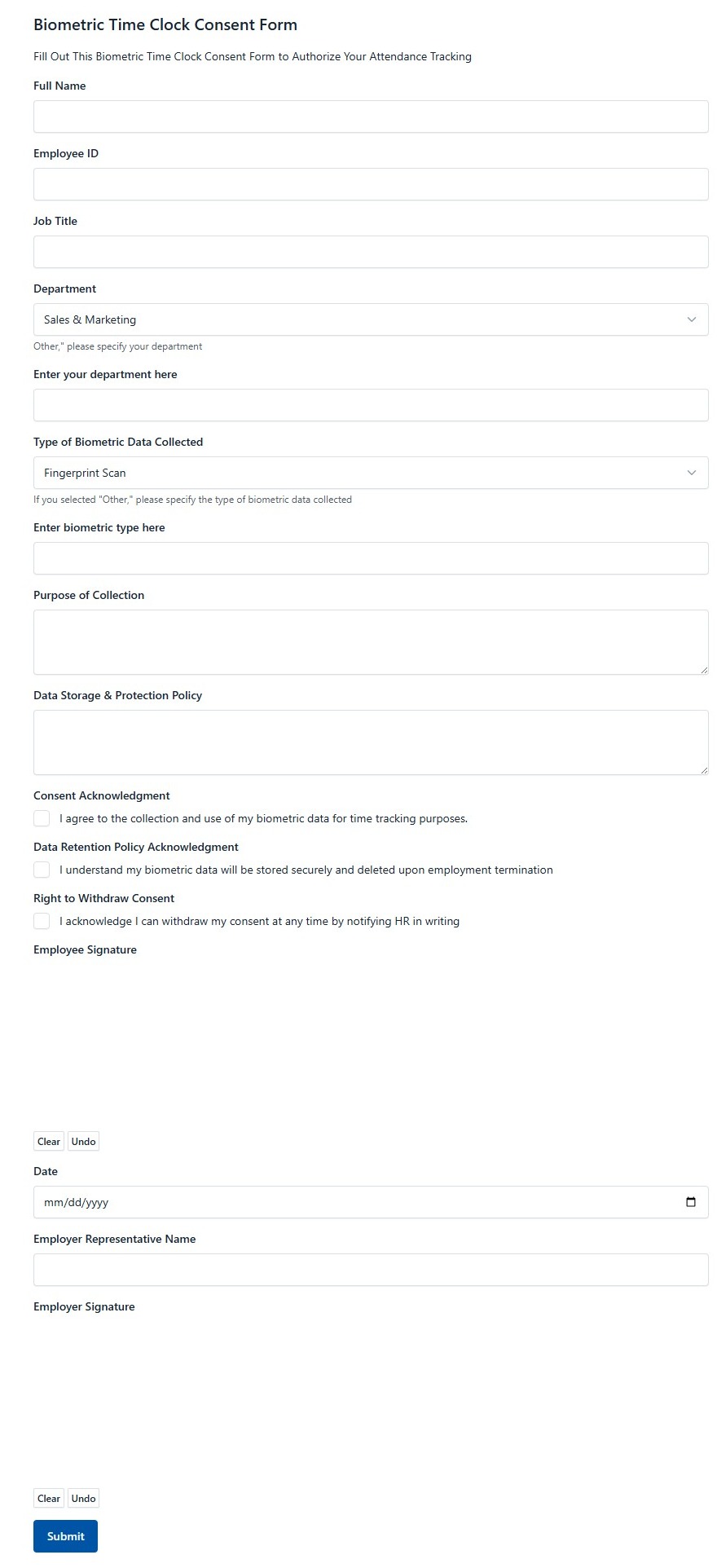 Biometric Time Clock Consent Form