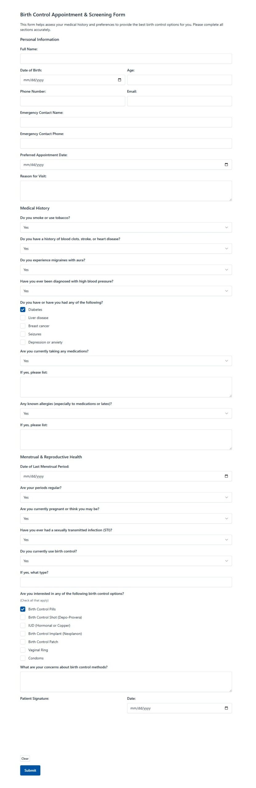 Birth Control Appointment And Screening Form