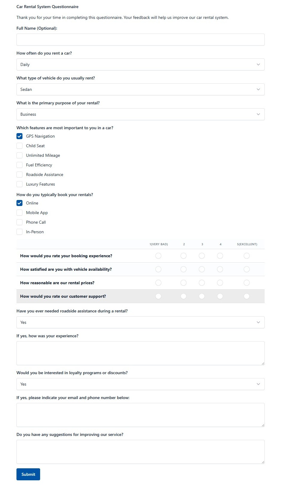 Car Rental System Questionnaire