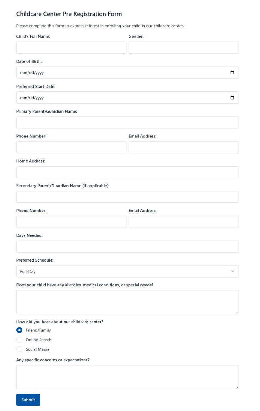 Childcare Center Pre Registration Form