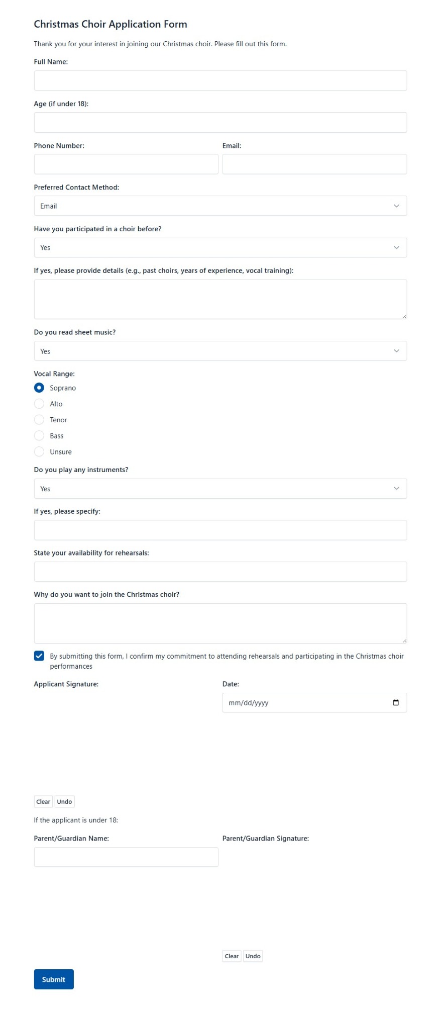 Christmas Choir Application Form