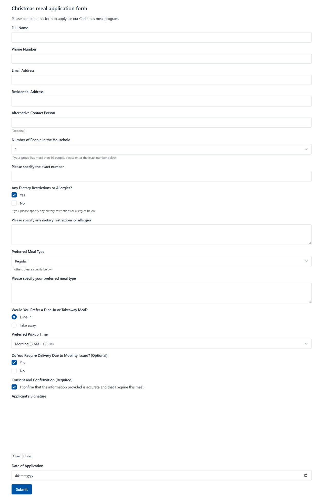 Christmas Meal Application Form