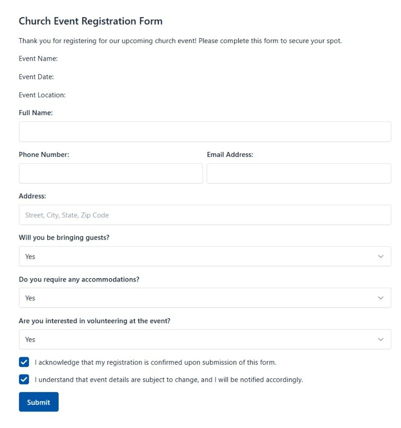 Church Event Registration Form