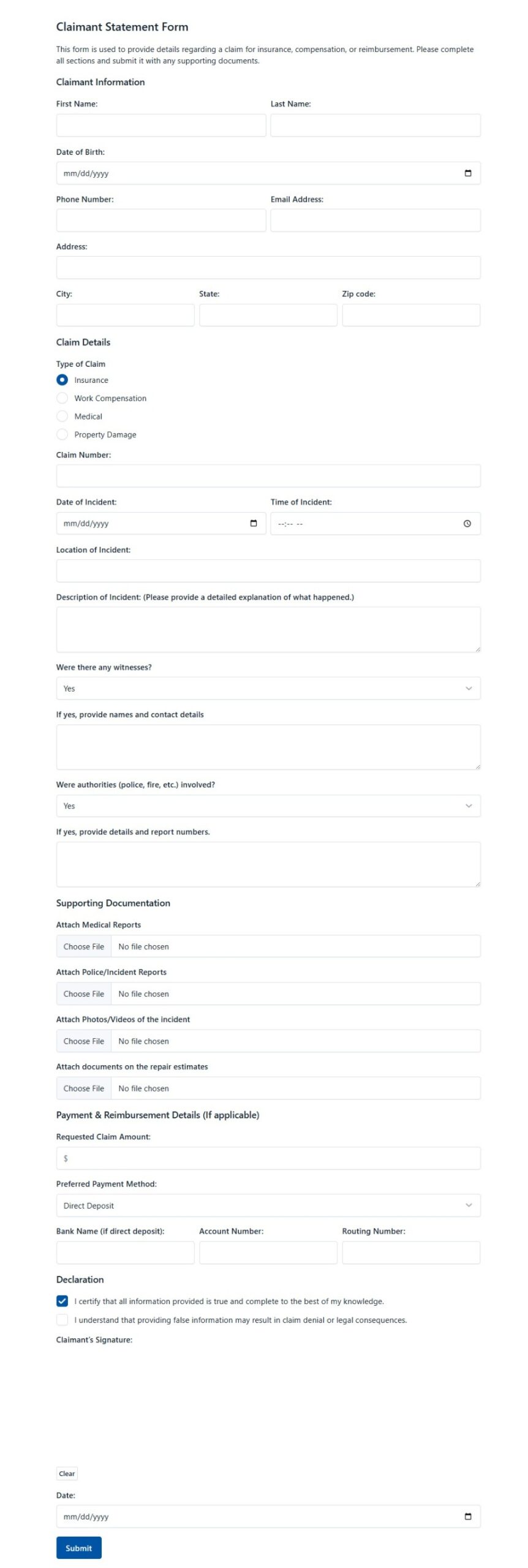 Claimant Statement Form