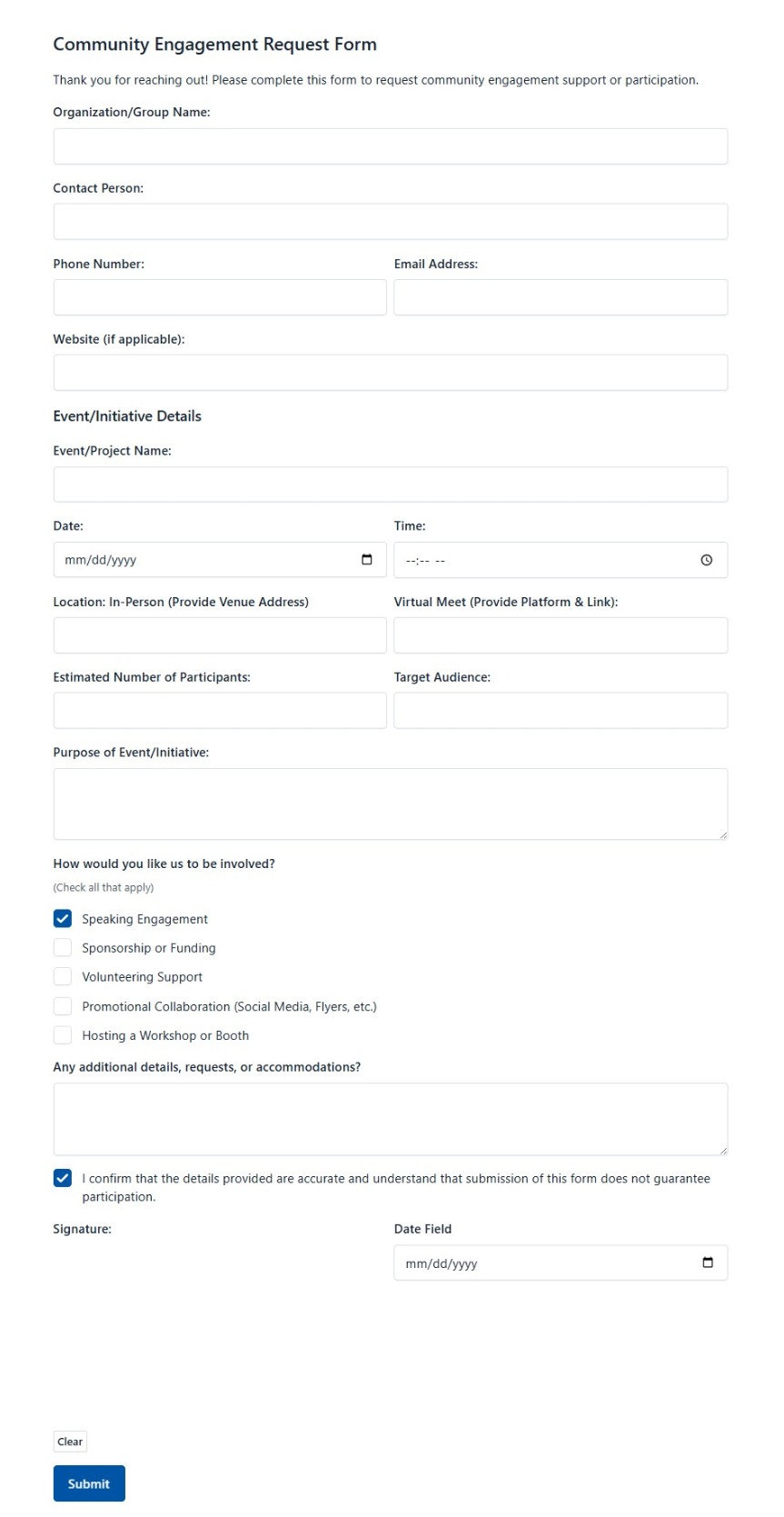 Community Engagement Request Form
