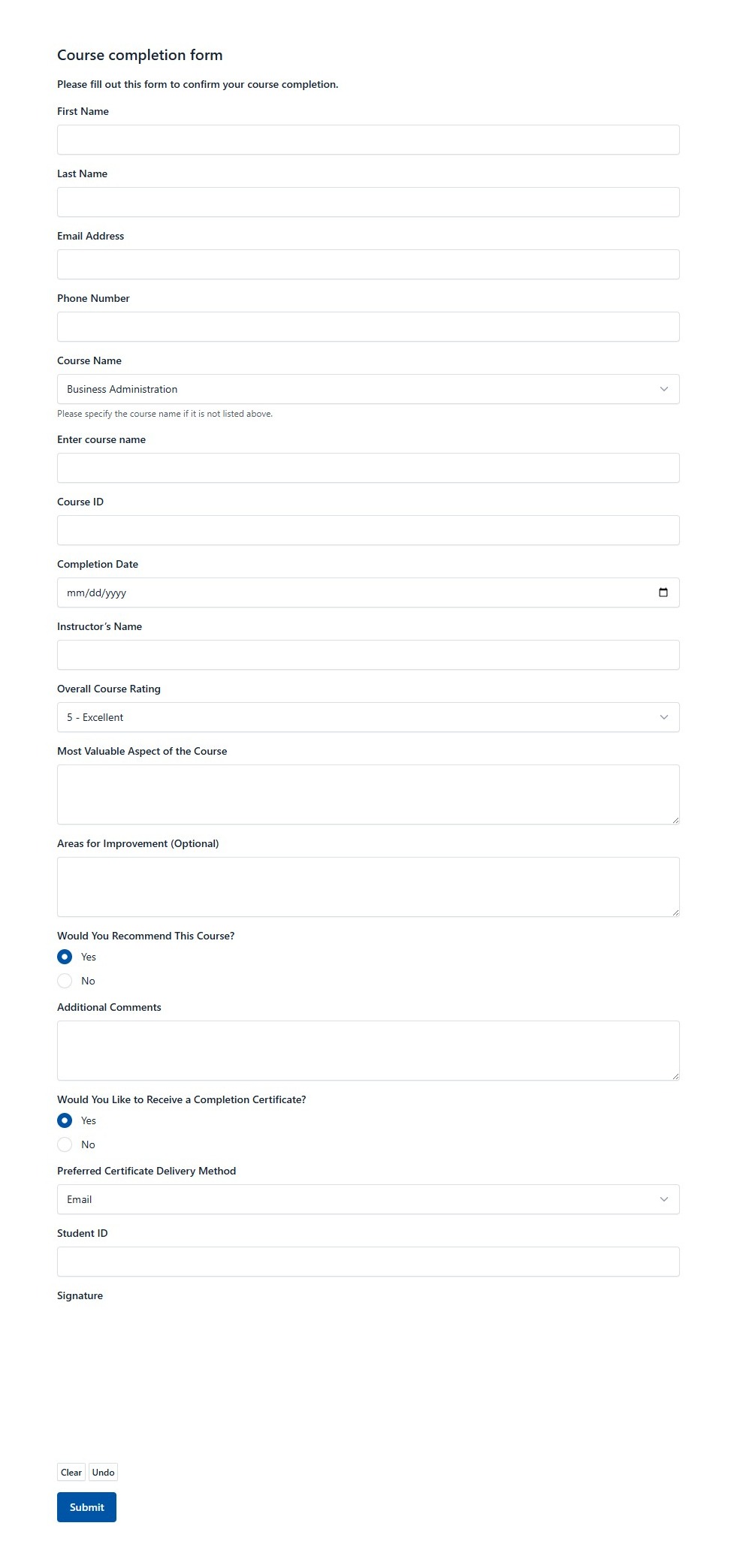 Course Completion Form