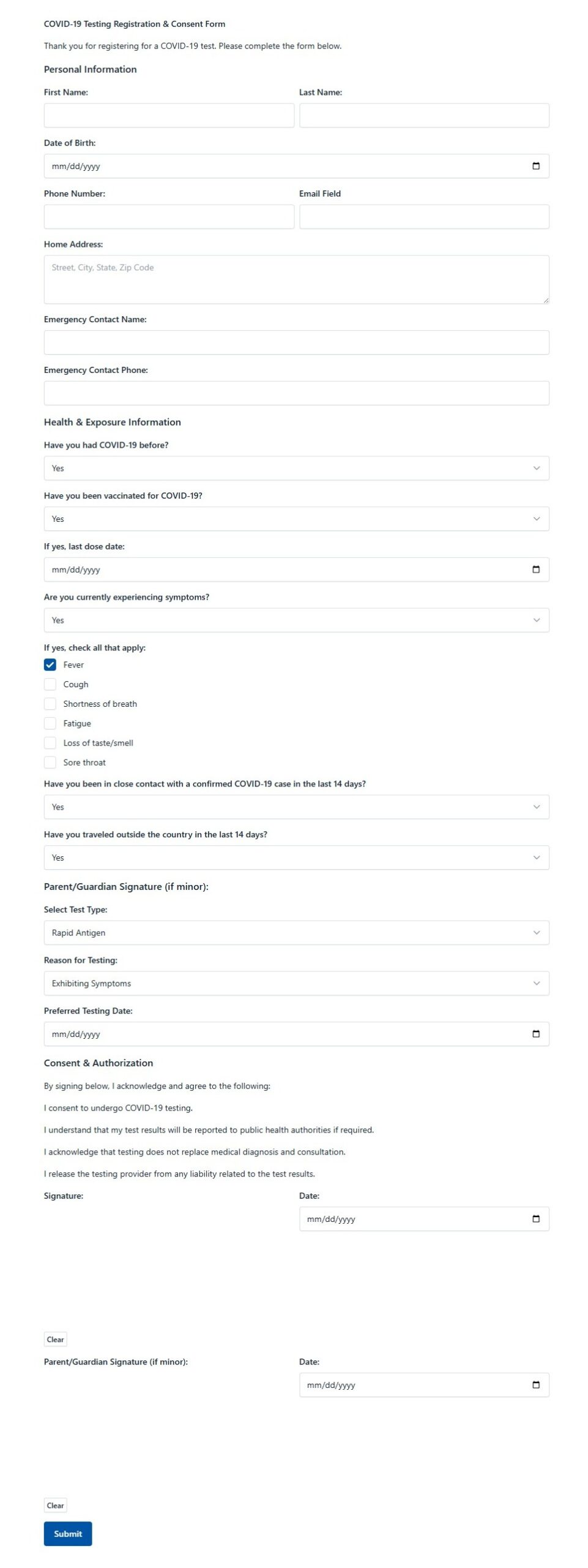 Covid 19 Testing Registration And Consent Form