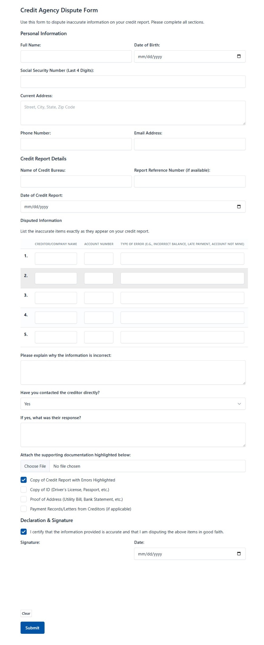 Credit Agency Dispute Form