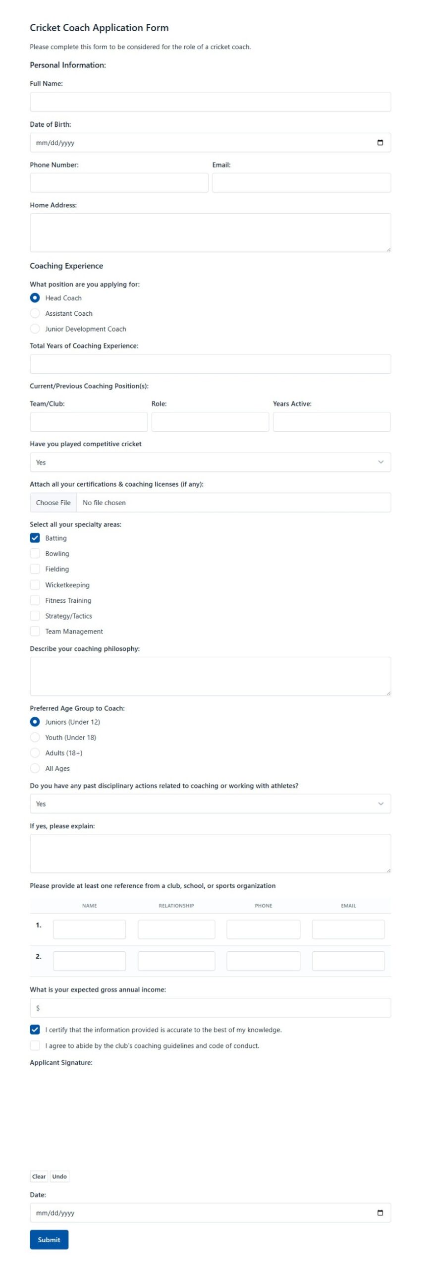 Cricket Coach Application Form