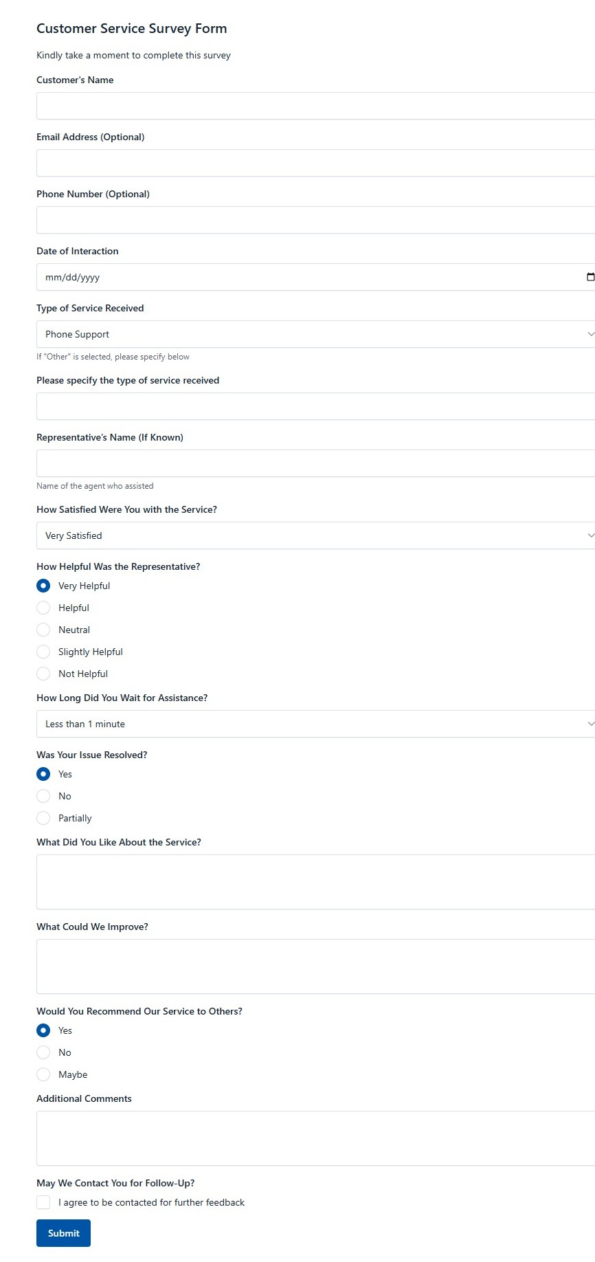 Customer Service Survey Form