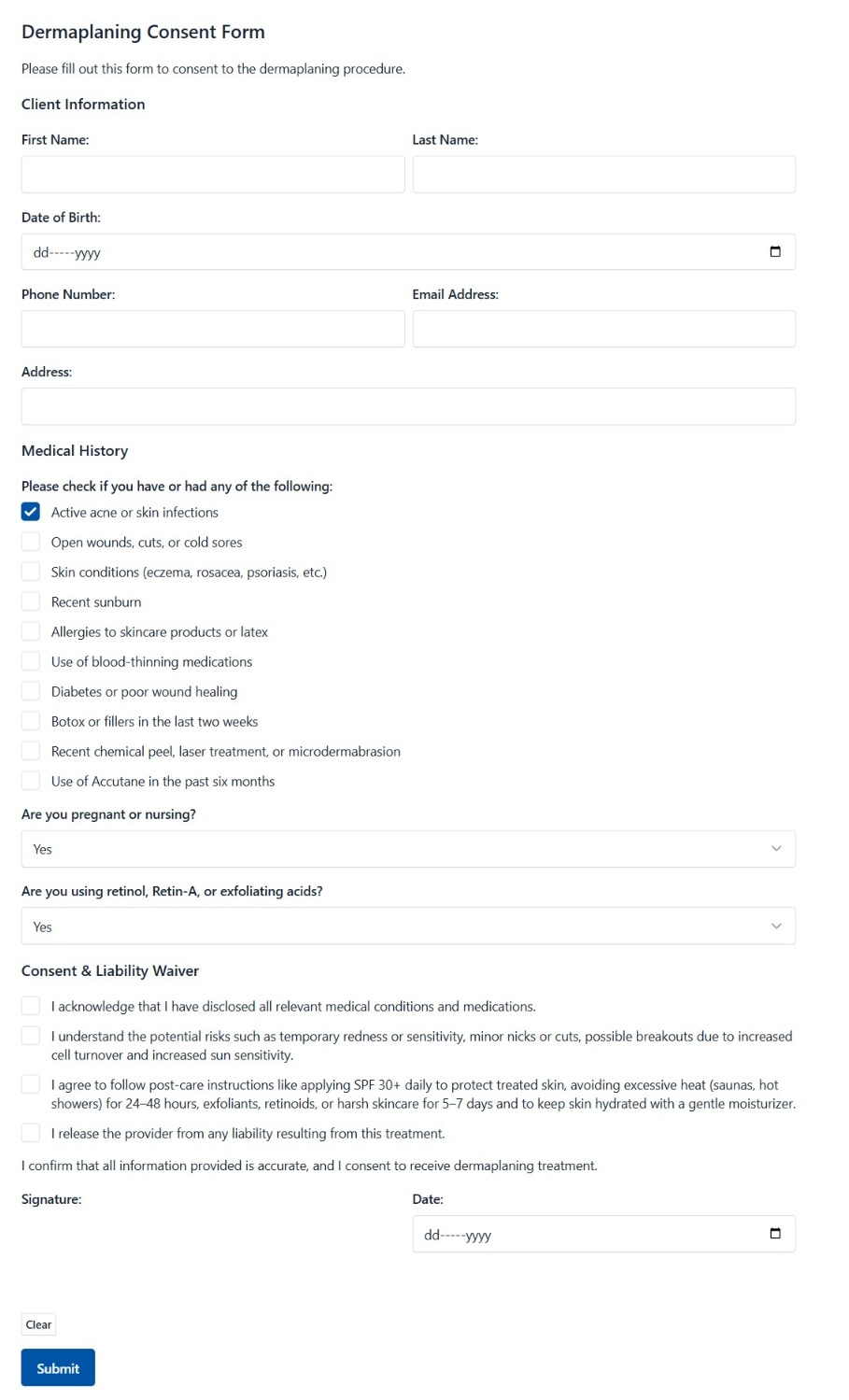 Dermaplaning Consent Form