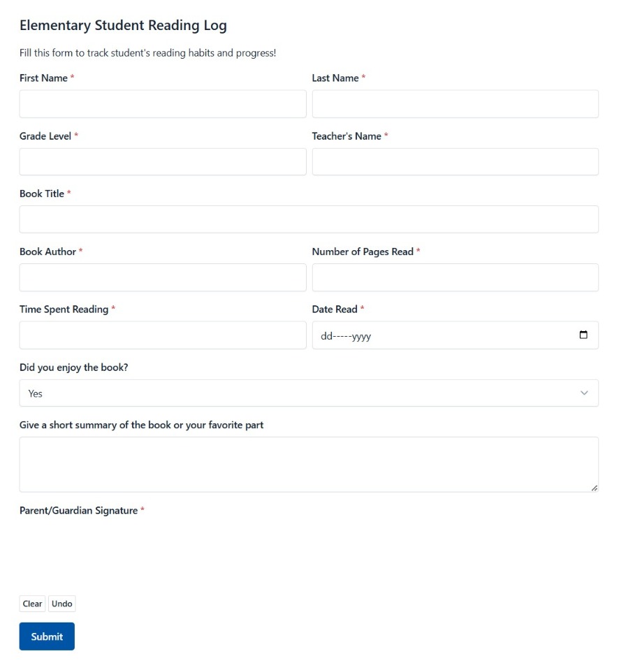 Elementary Student Reading Log