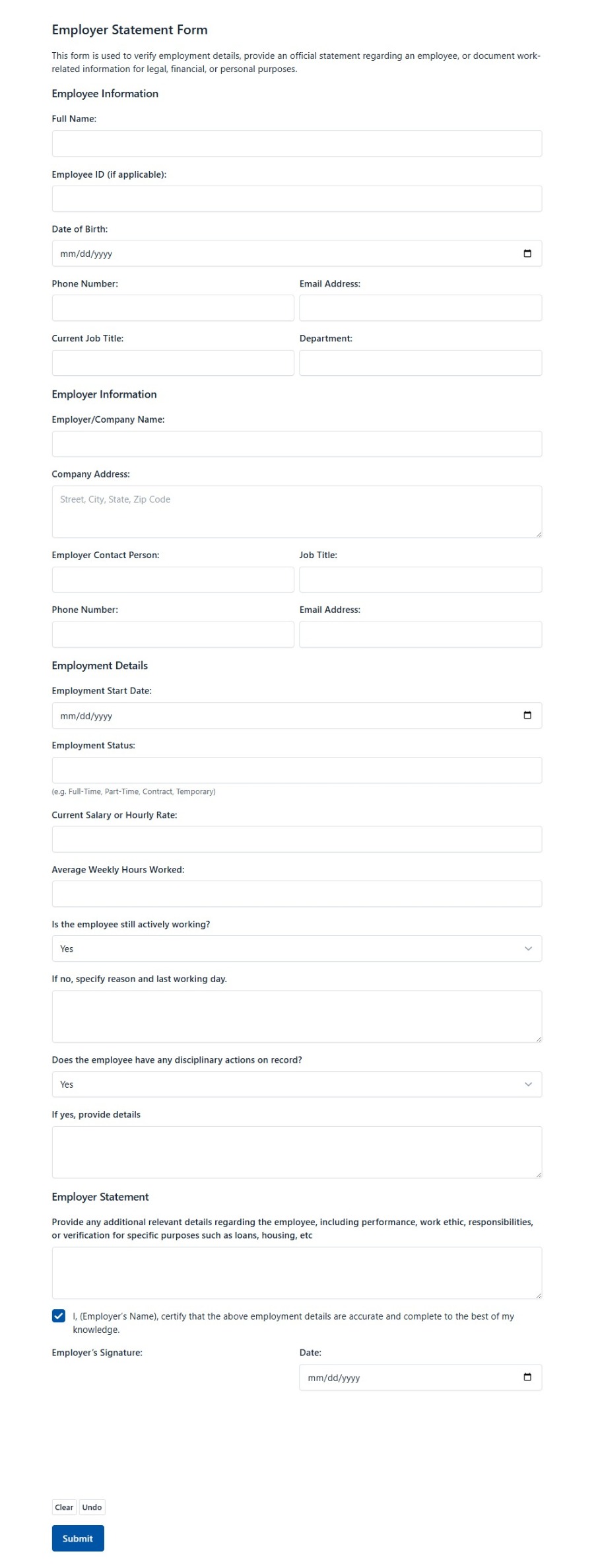 Employer Statement Form