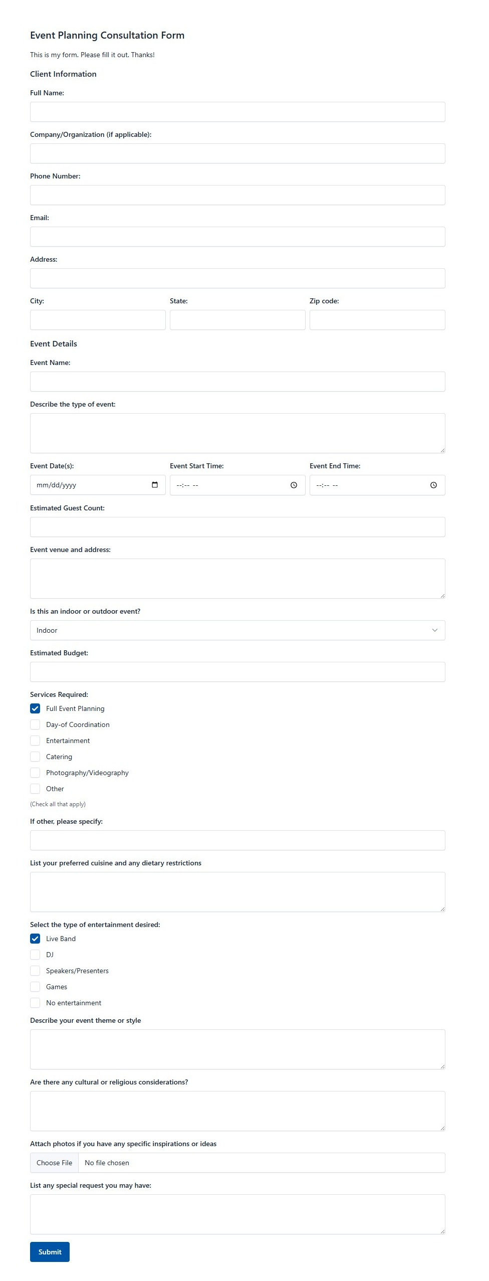 Event Planning Consultation Form
