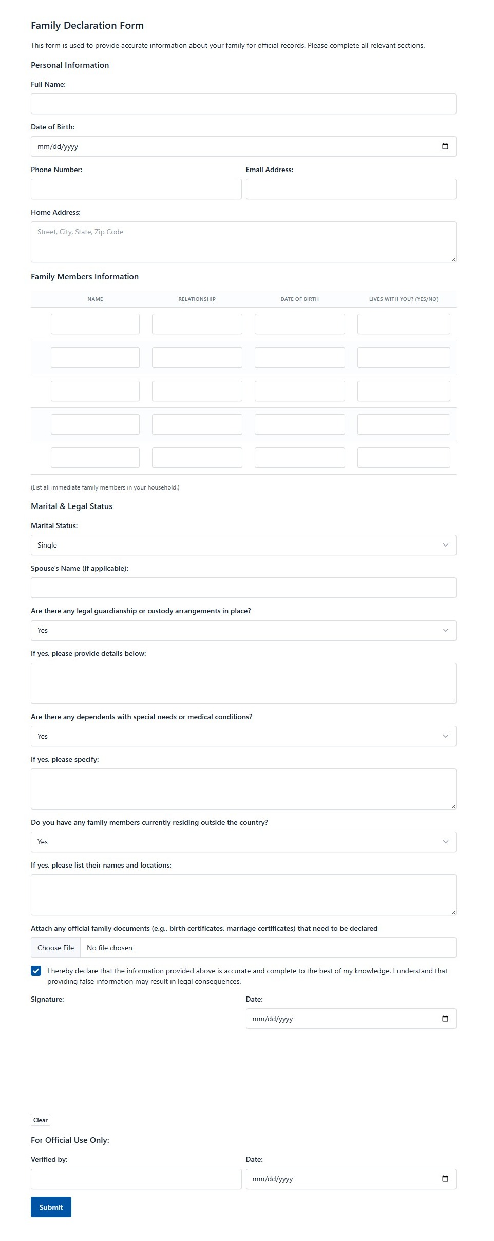 Family Declaration Form