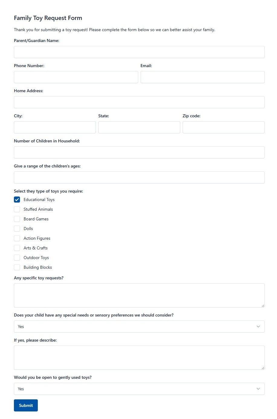 Family Toy Request Form