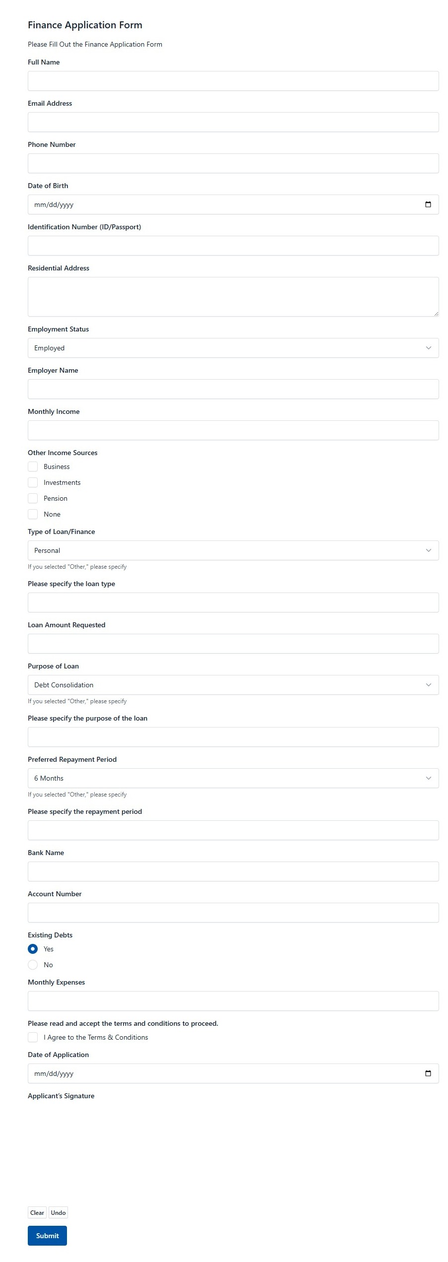 Finance Application Form