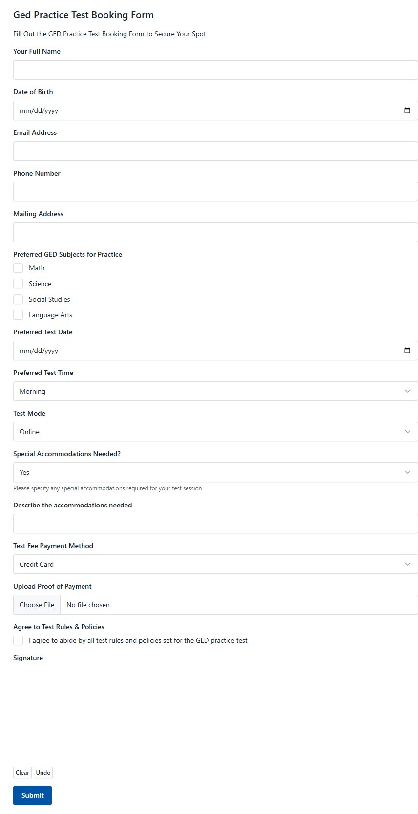 Ged Practice Test Booking Form