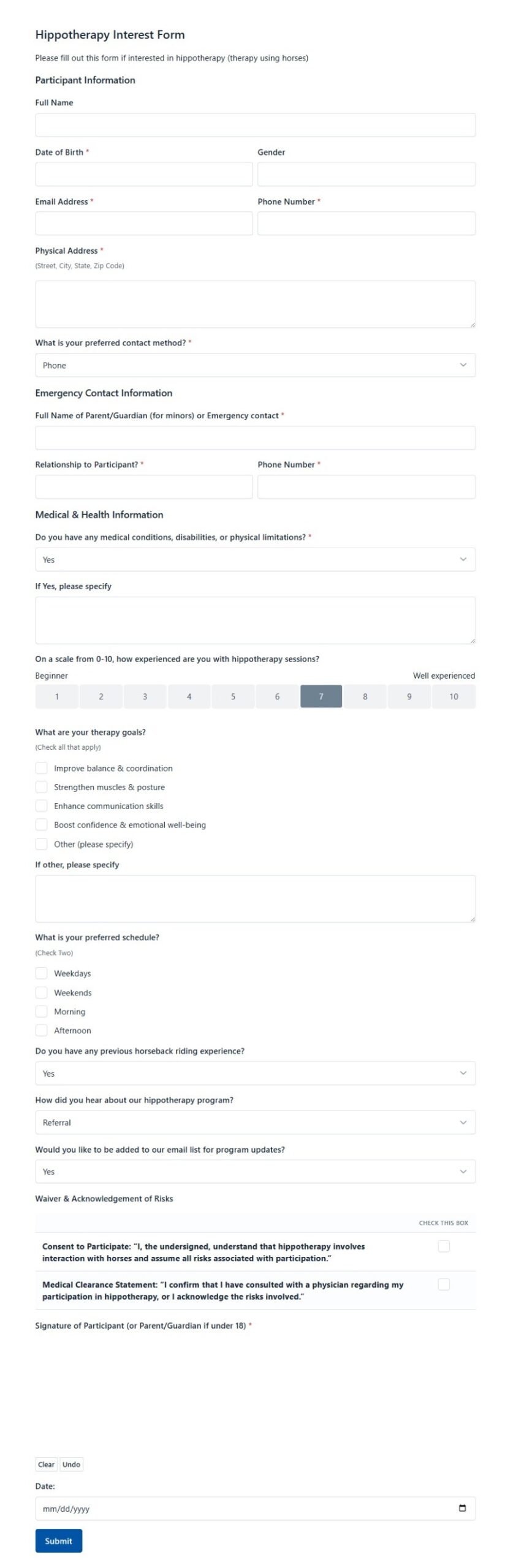 Hippotherapy Interest Form