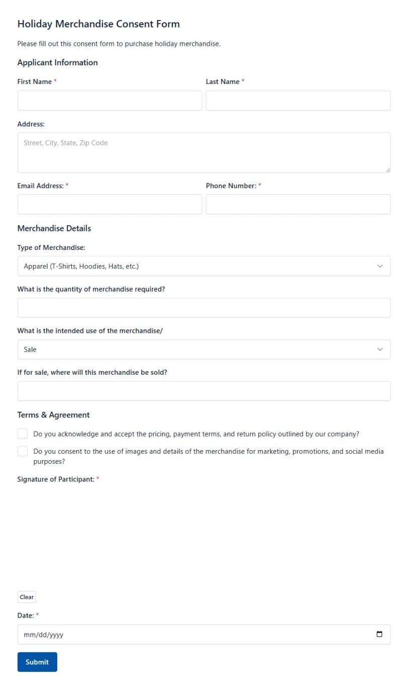 Holiday Merchandise Consent Form