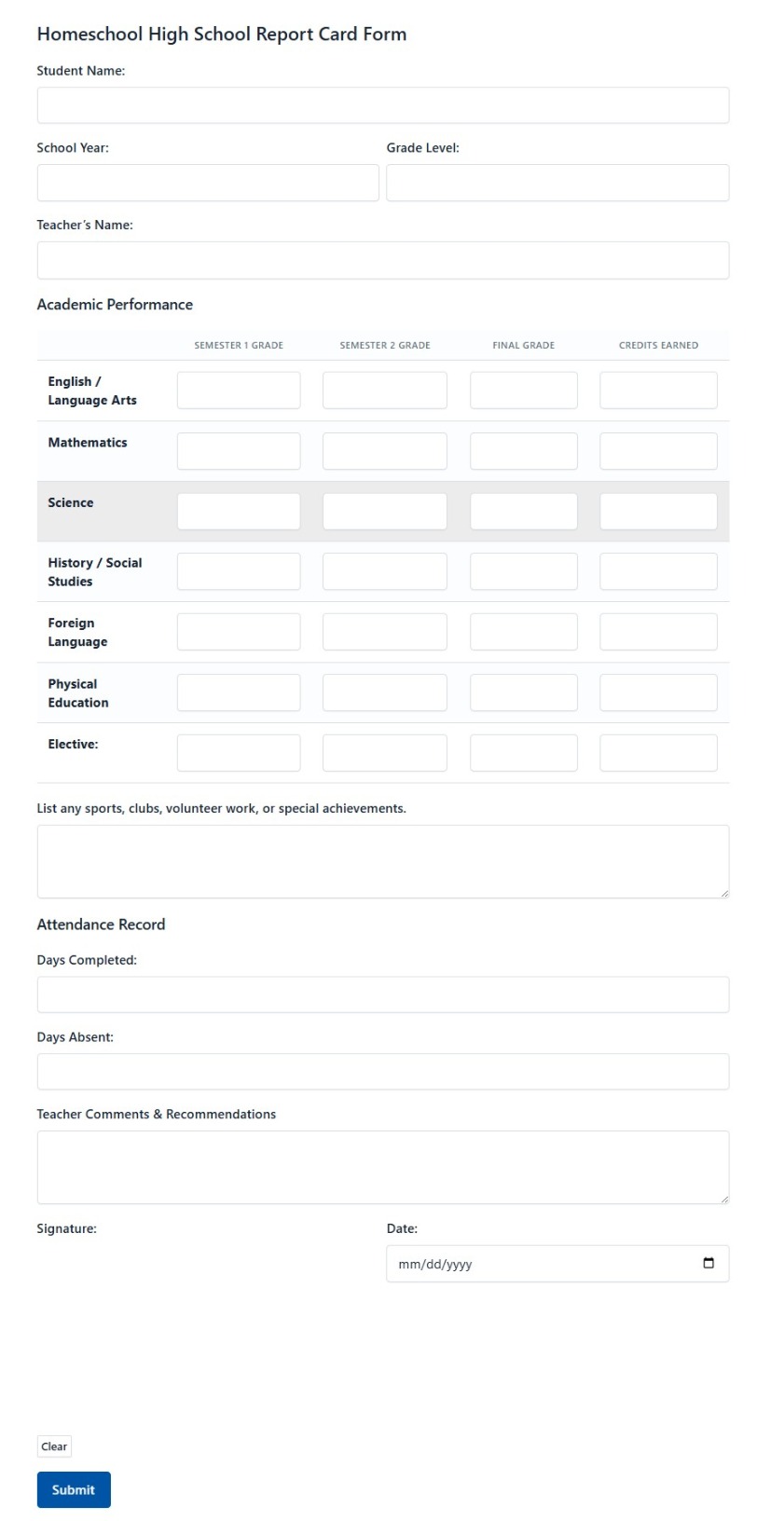 Homeschool High School Report Card Form
