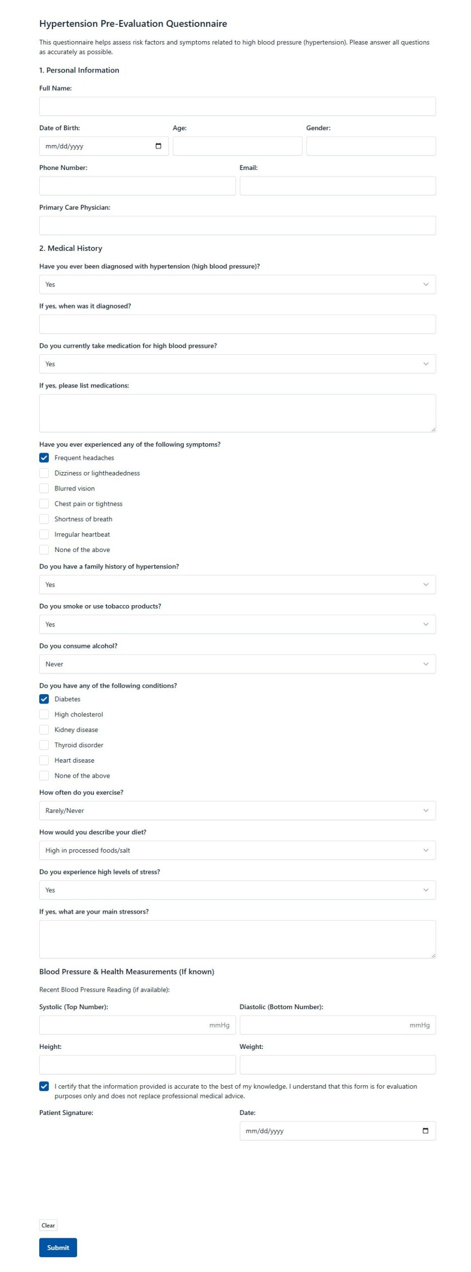 Hypertension Pre Evaluation Questionnaire