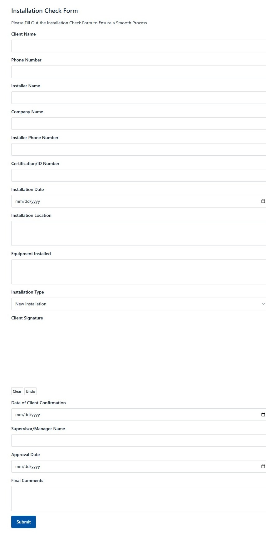 Installation Check Form