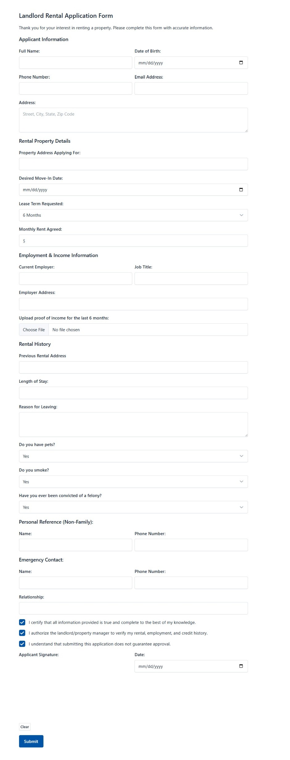 Landlord Rental Application Form