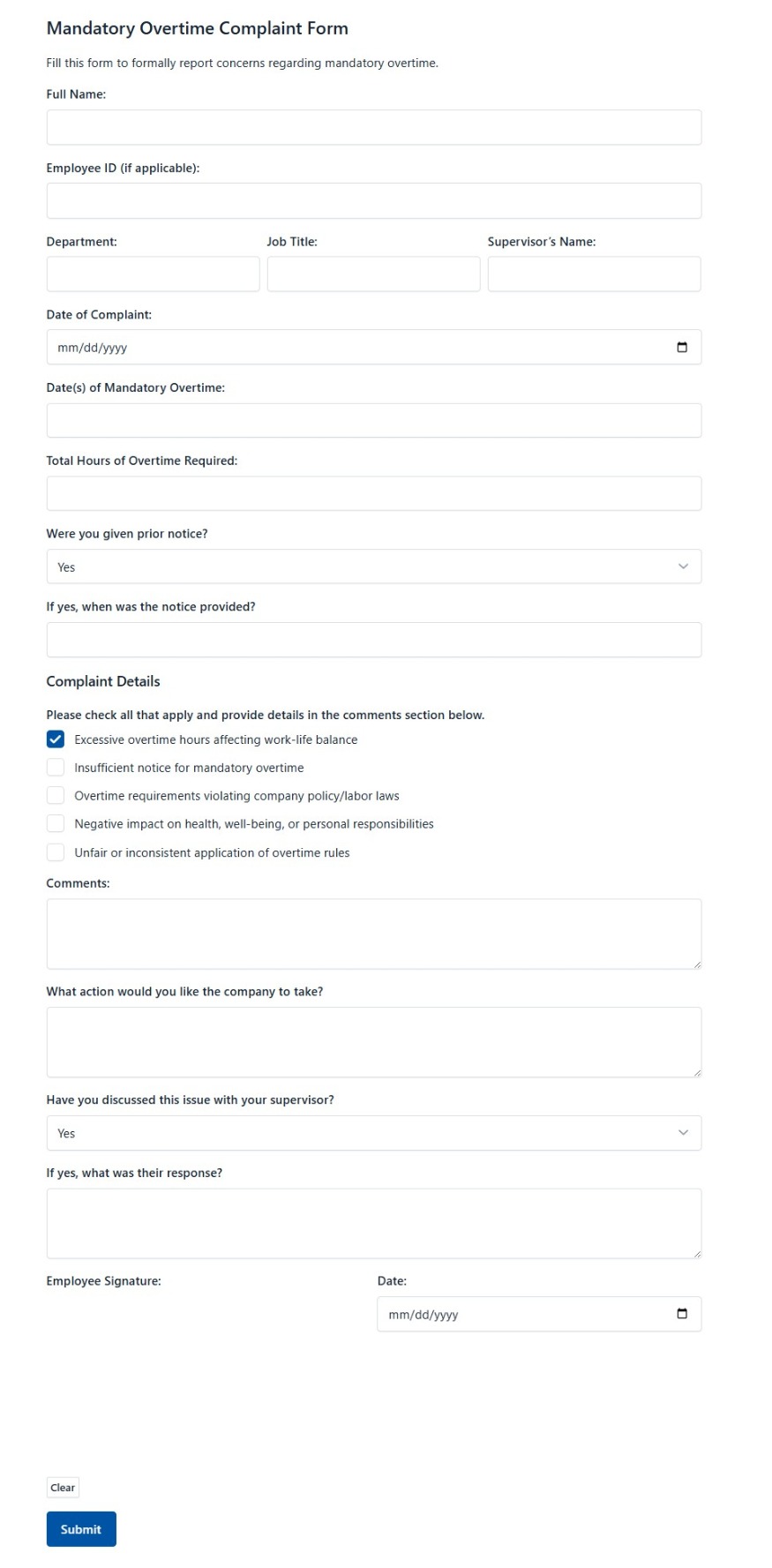 Mandatory Overtime Complaint Form