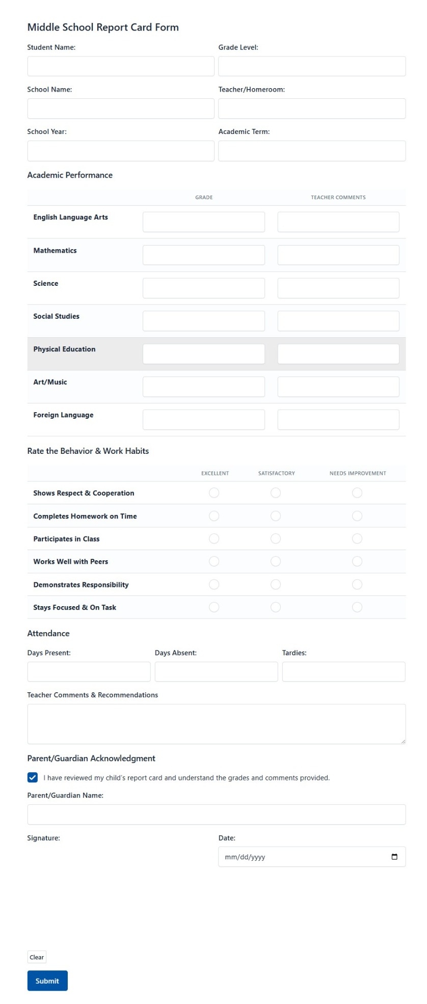 Middle School Report Card Form