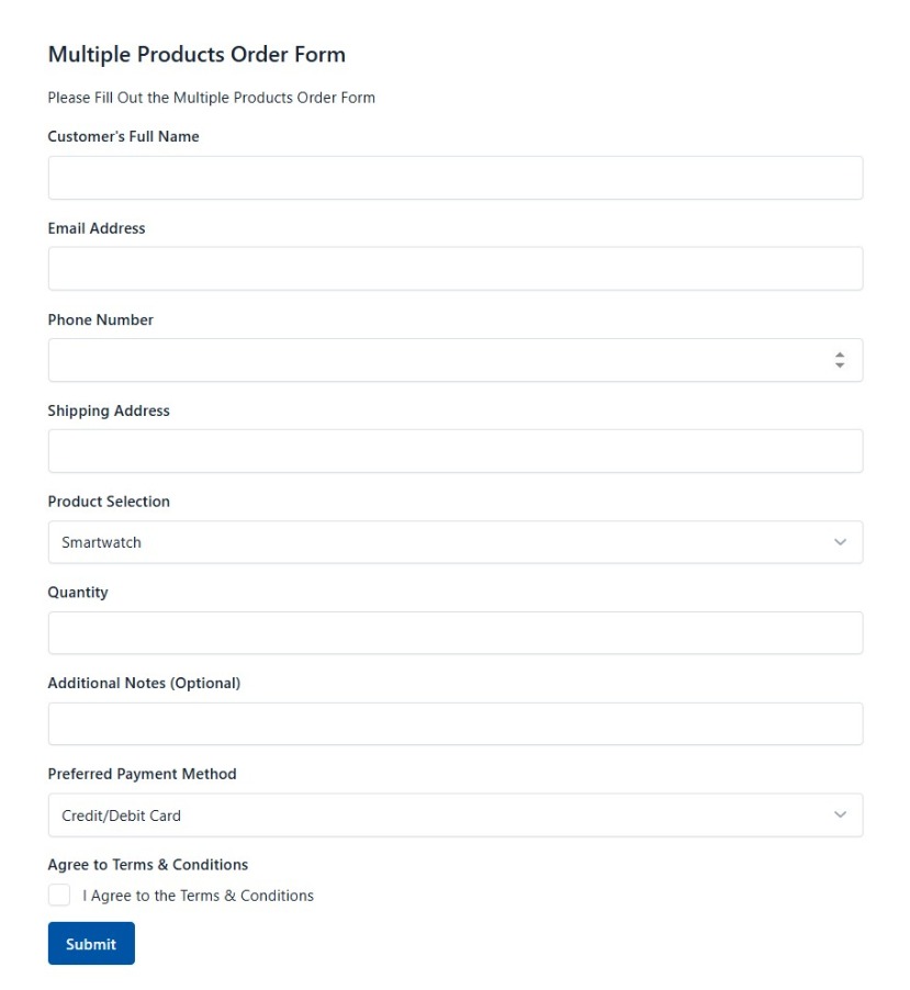 Multiple Products Order Form