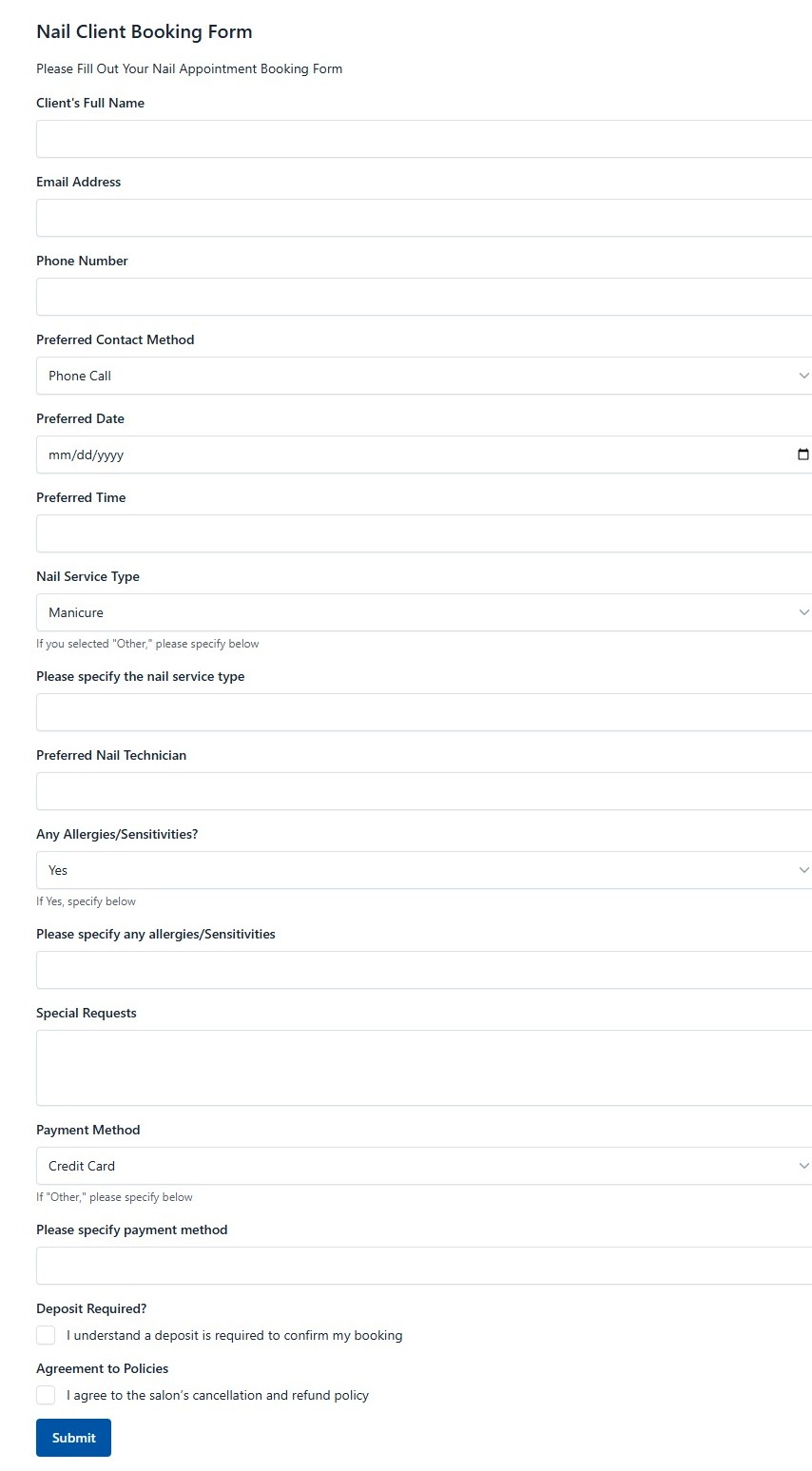 Nail Client Booking Form