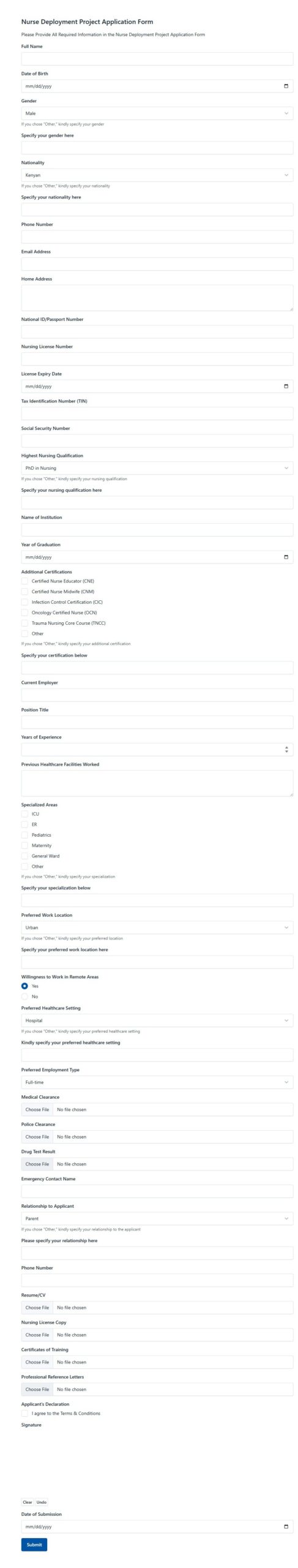 Nurse Deployment Project Application Form