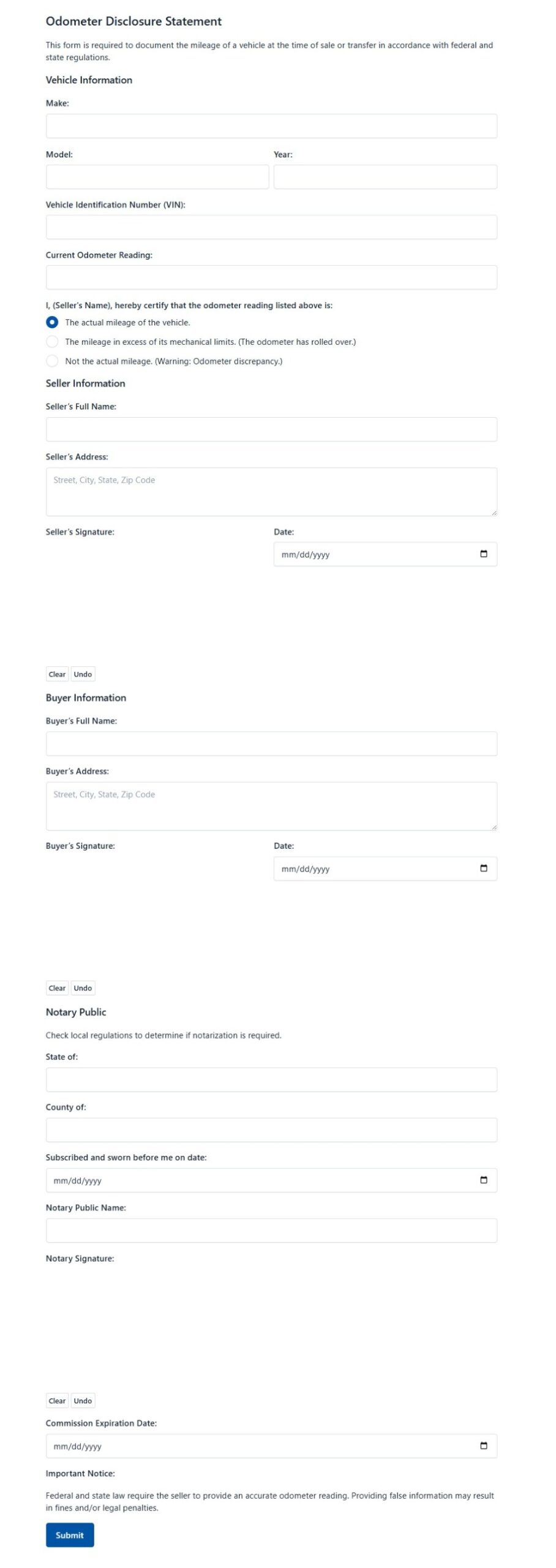 Odometer Statement Form