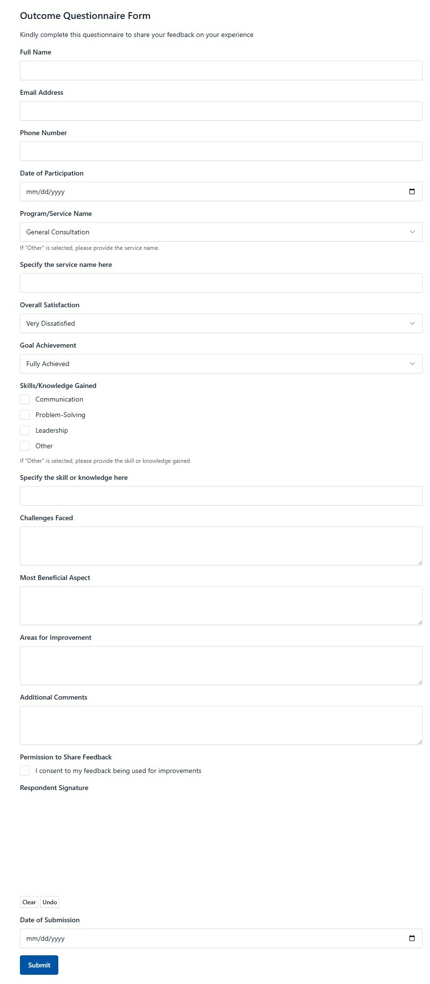 Outcome Questionnaire Form
