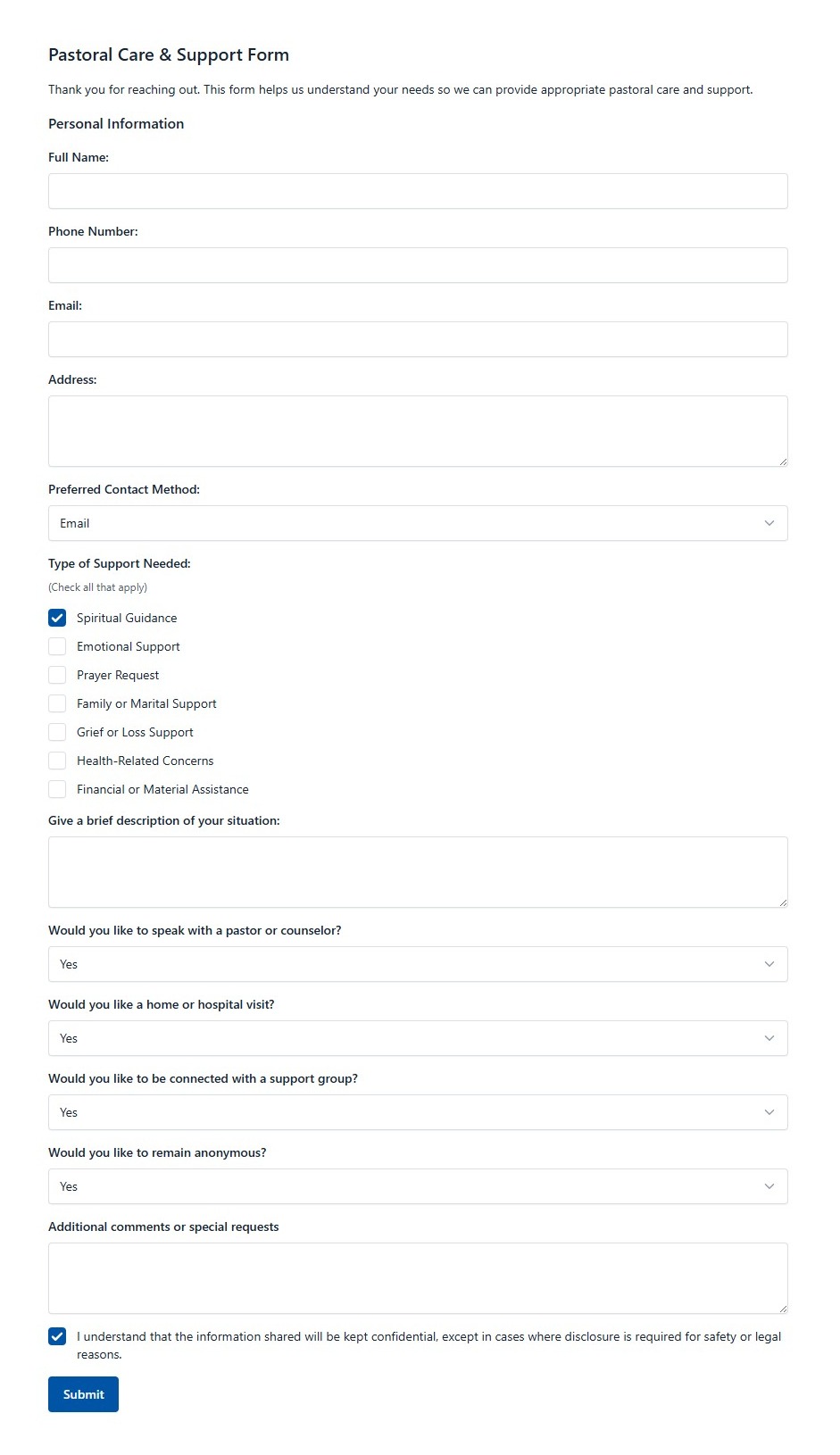 Pastoral Care And Support Form