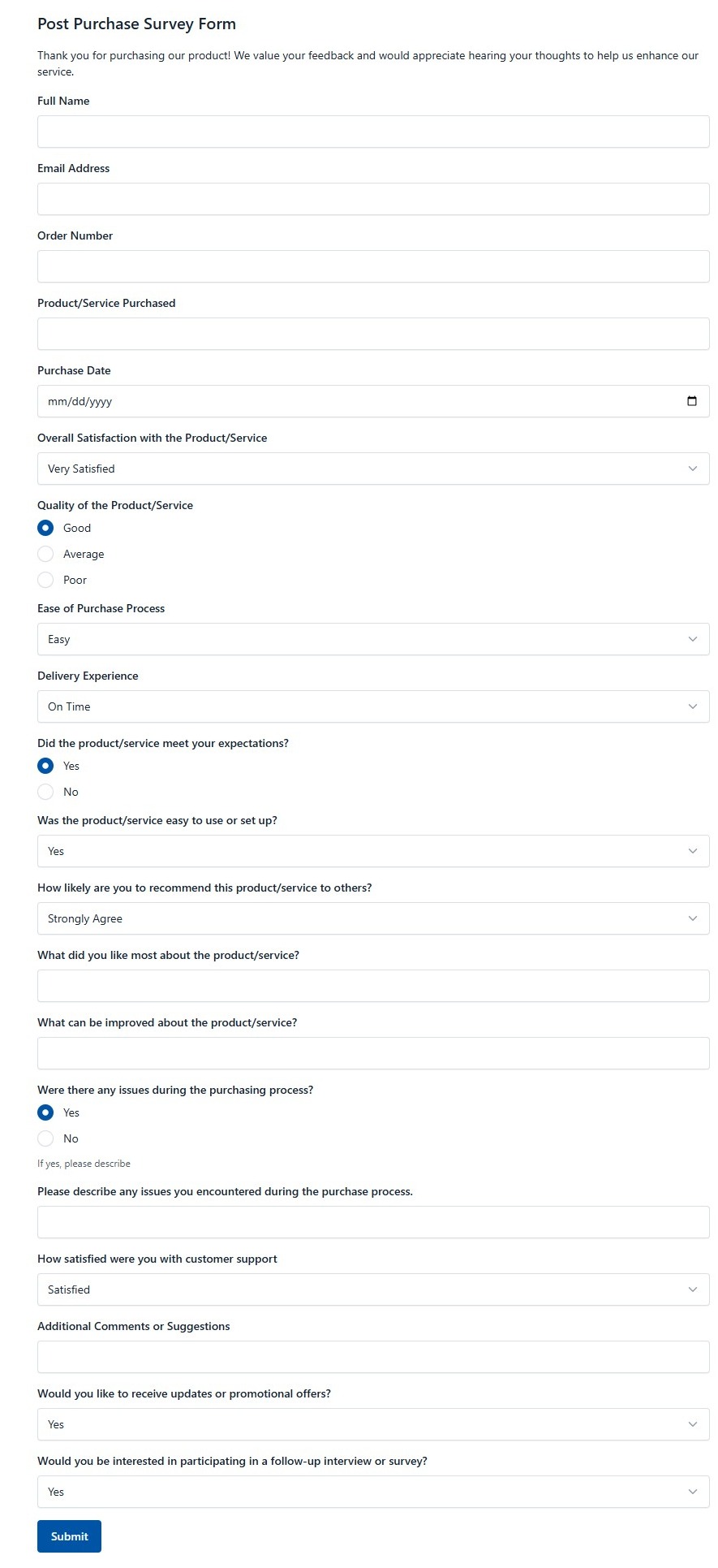 Post Purchase Survey Form