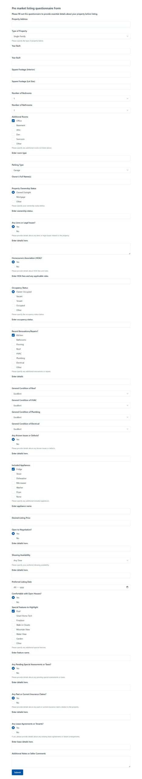 Pre Market Listing Questionnaire Form