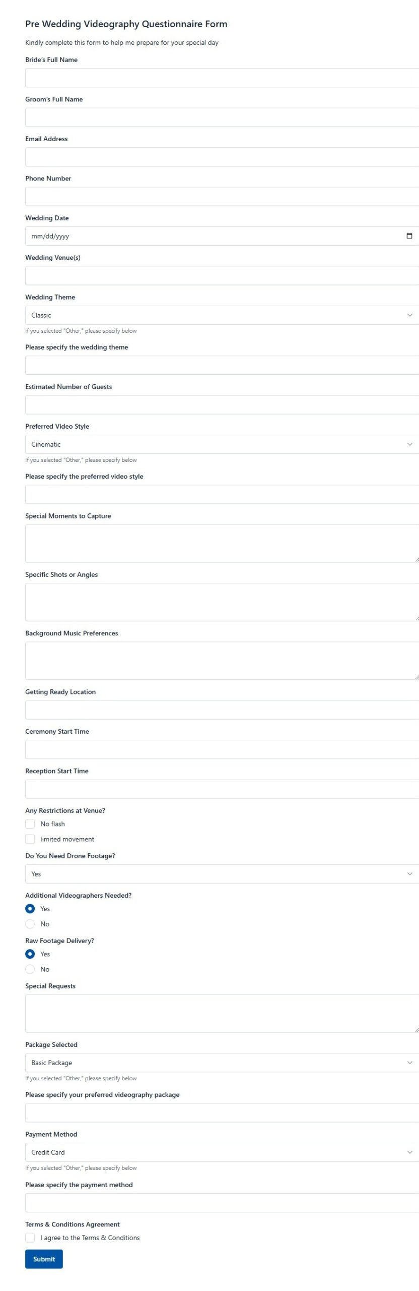 Pre Wedding Videography Questionnaire Form