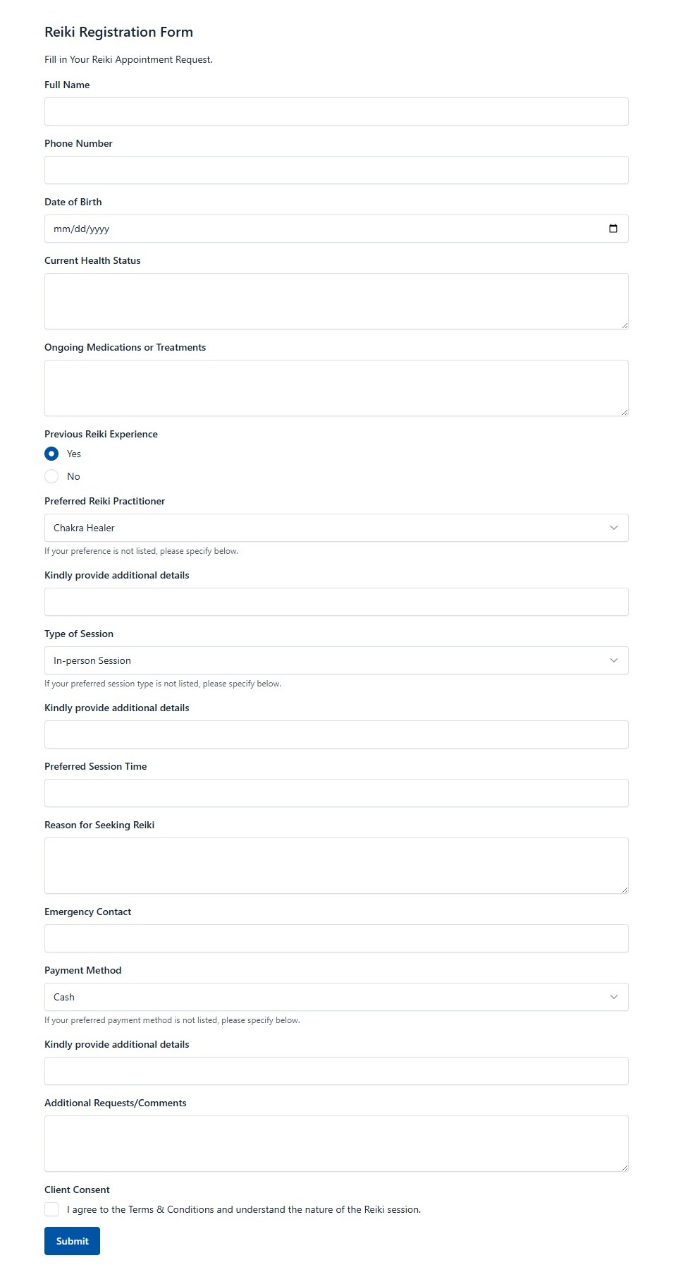 Reiki Registration Form