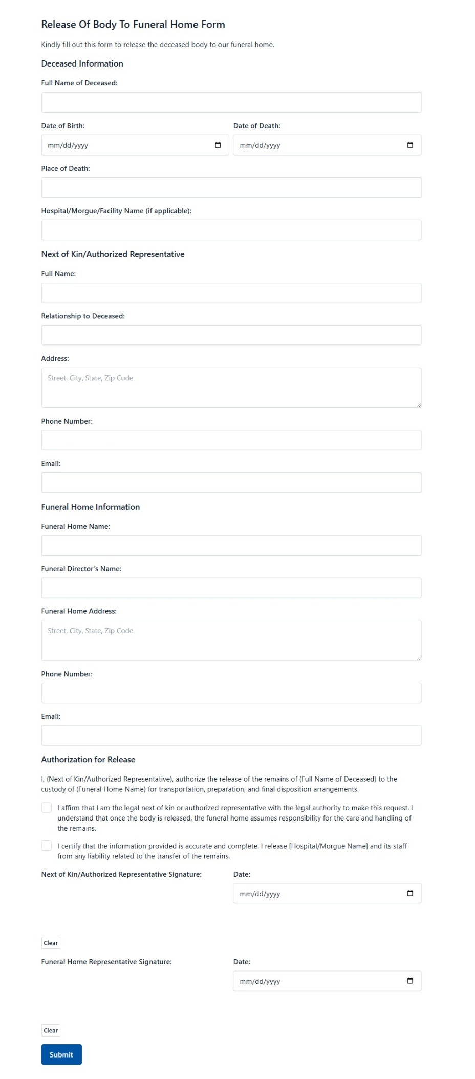Release Of Body To Funeral Home Form