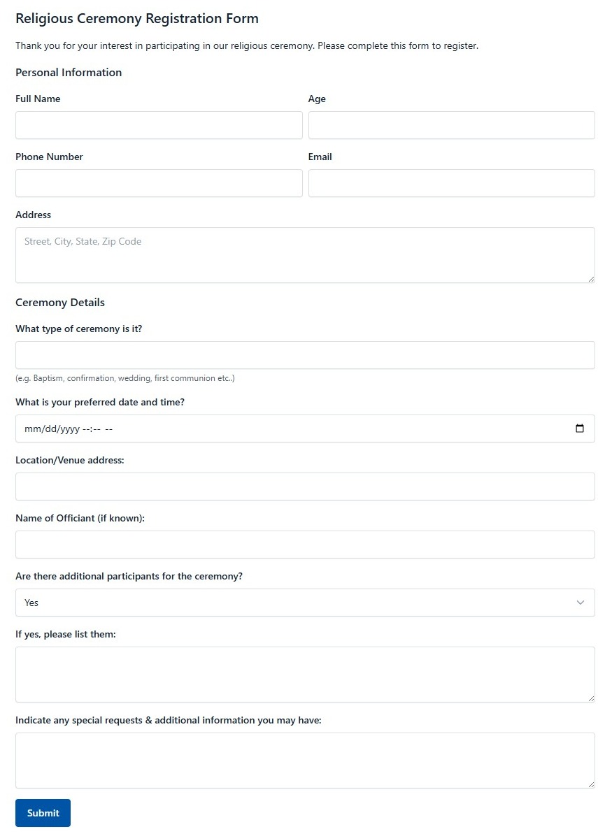 Religious Ceremony Registration Form