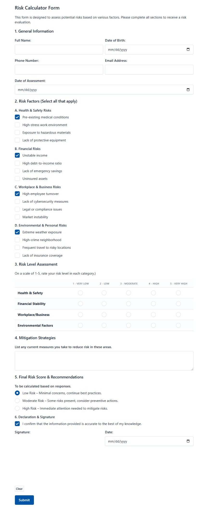 Risk Calculator Form