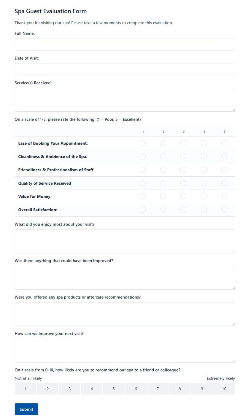 Spa Guest Evaluation Form